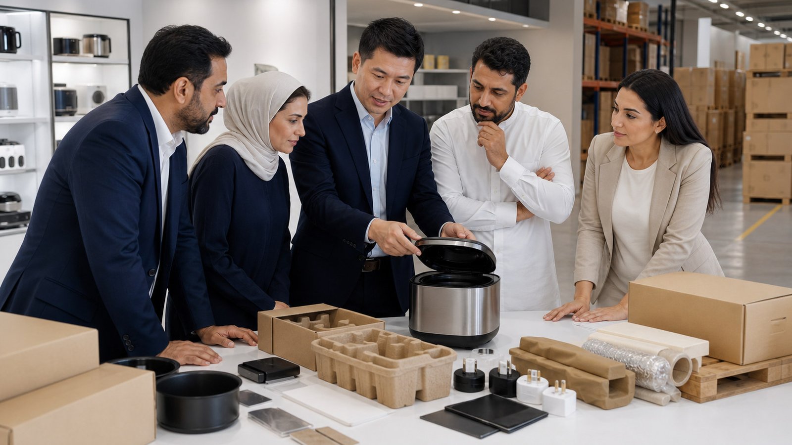 Middle East buyer reviewing product samples, bilingual packaging, and shipping details