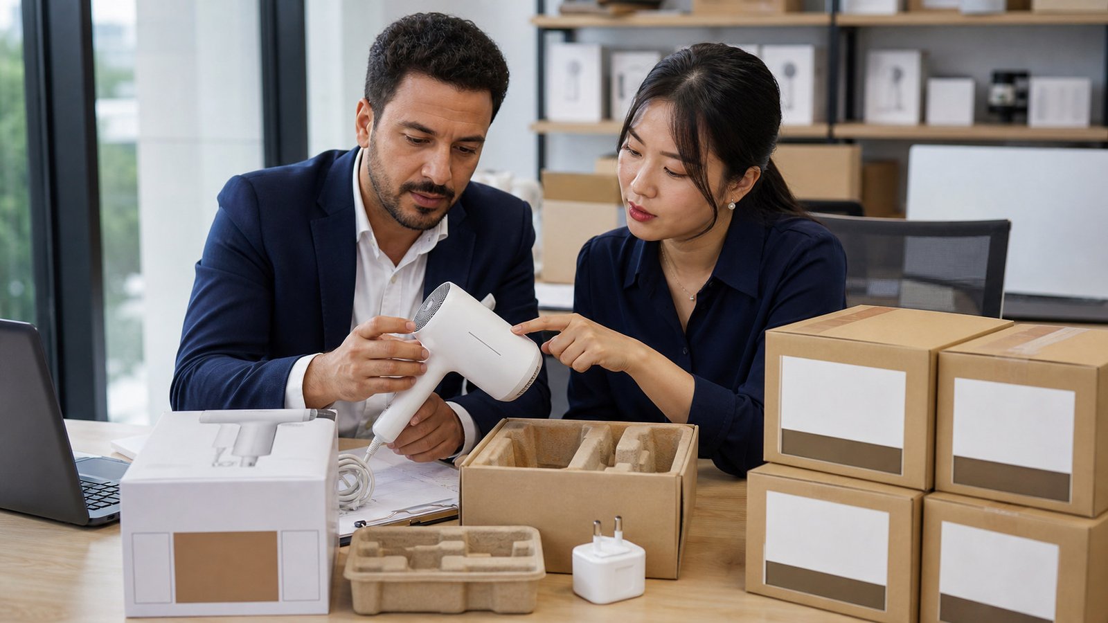 Moroccan importer and China sourcing coordinator reviewing a product and its packaging