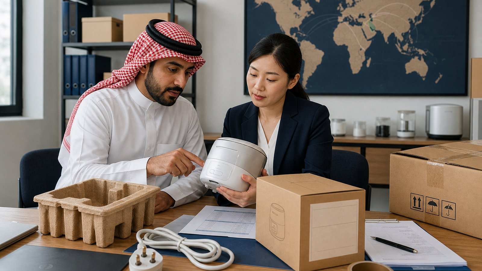 Saudi Arabian importer reviewing product samples and shipping requirements in China