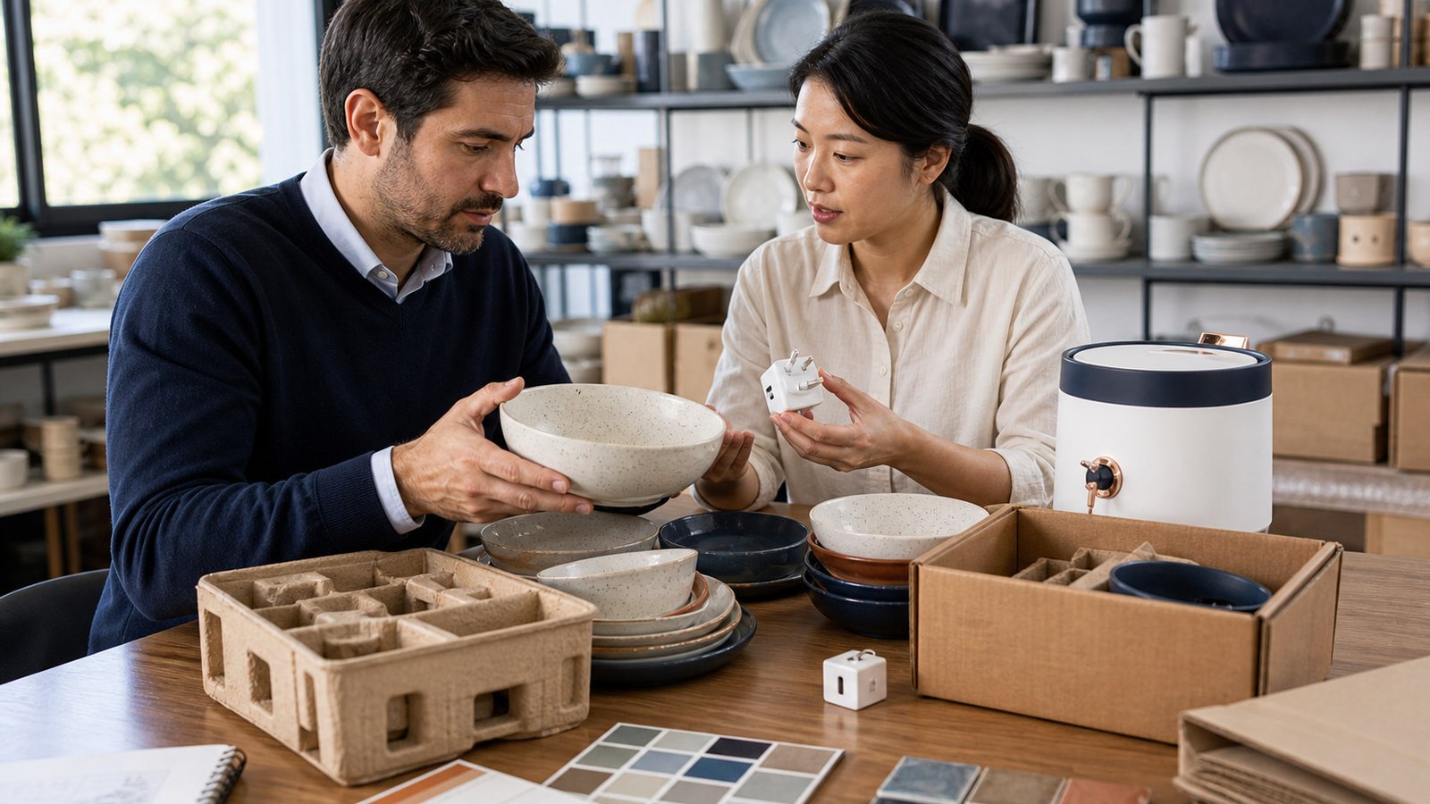 Spanish buyer reviewing product details and export packaging with a China sourcing team