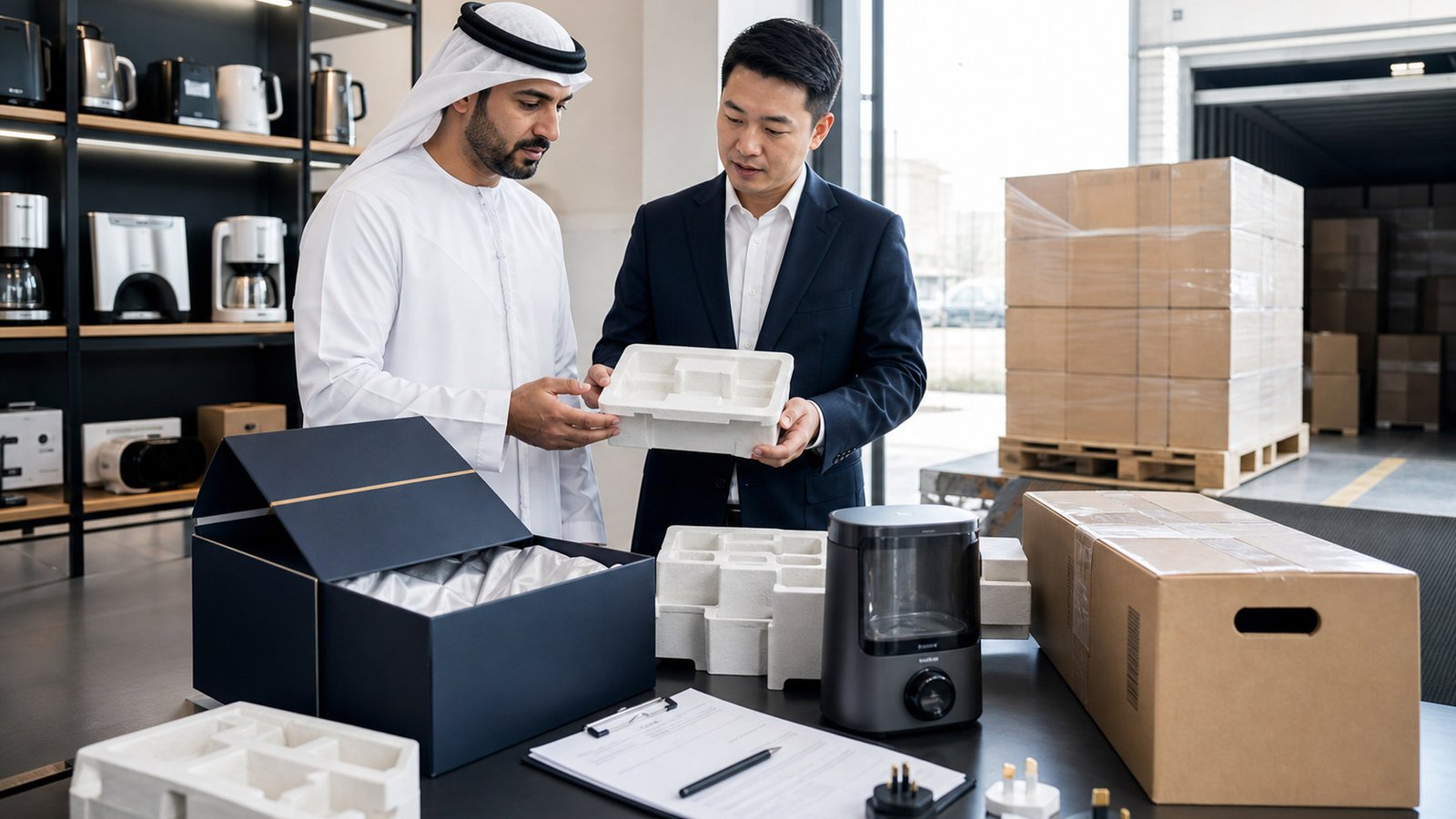 UAE buyer reviewing product samples, packaging, and supplier records in China