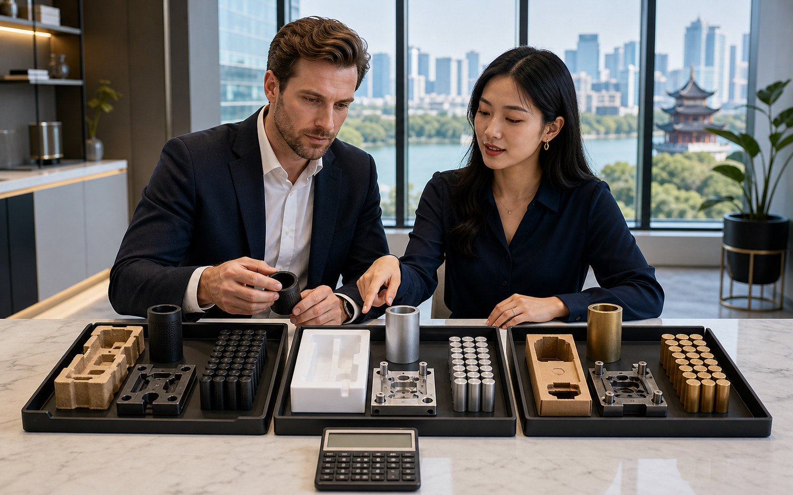 Buyer and sourcing coordinator comparing supplier quotations, samples, and packaging terms