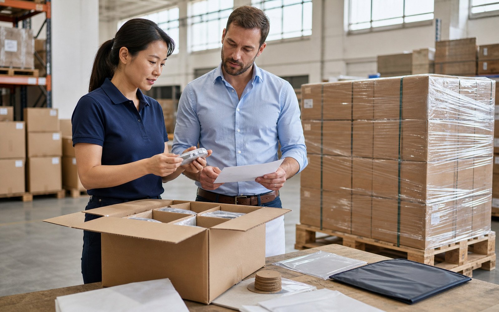 Export documents arranged beside packed cargo for a final shipment record check