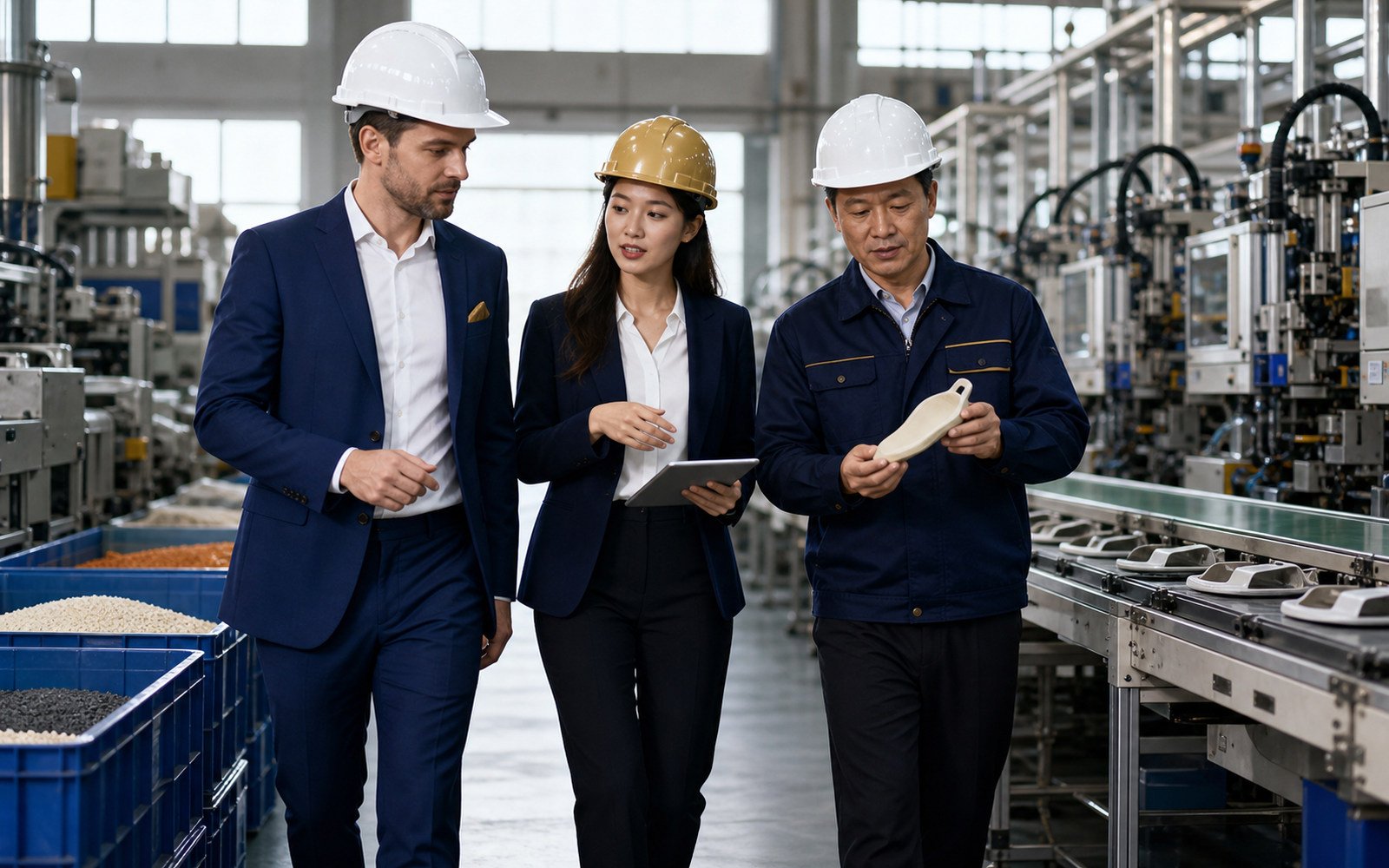 Buyer walking through a factory production area while checking equipment and quality controls