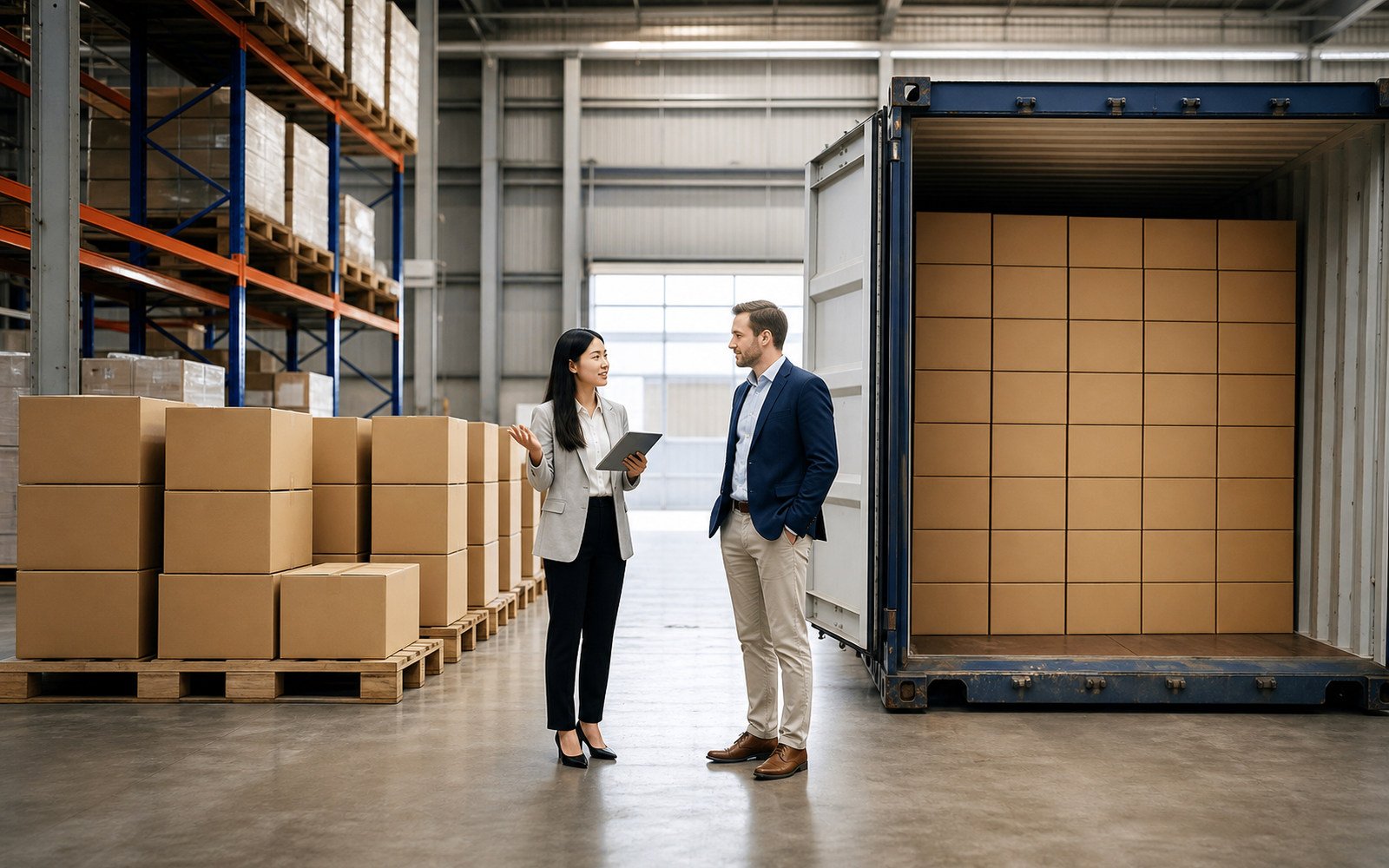 Consolidated cargo and a full container prepared for an LCL and FCL shipping comparison