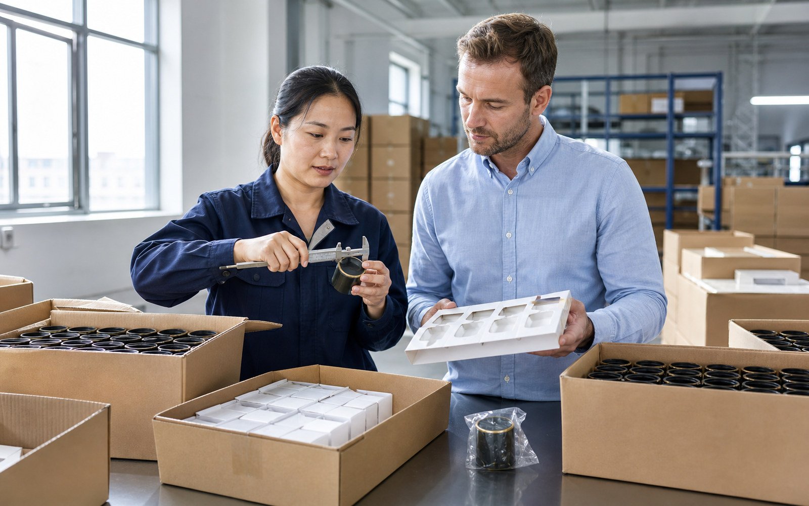 Inspector checking finished products, labels, and cartons before shipment