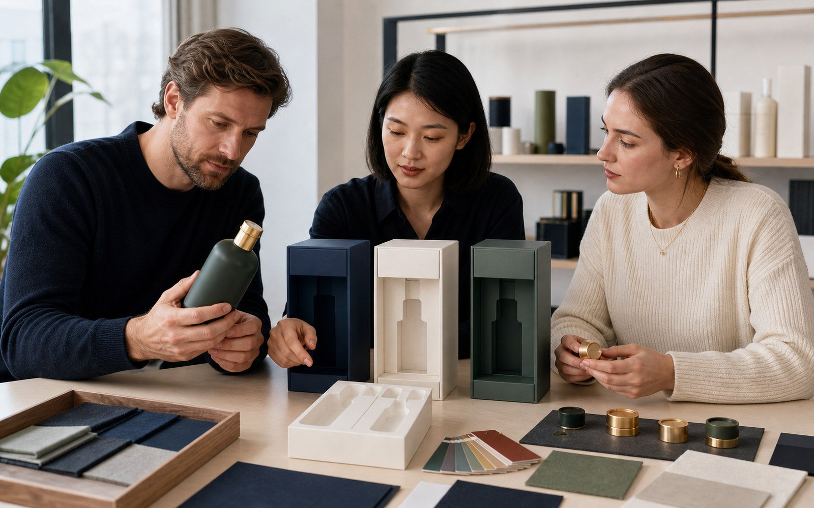 Private-label product samples, packaging artwork, and brand details arranged for approval