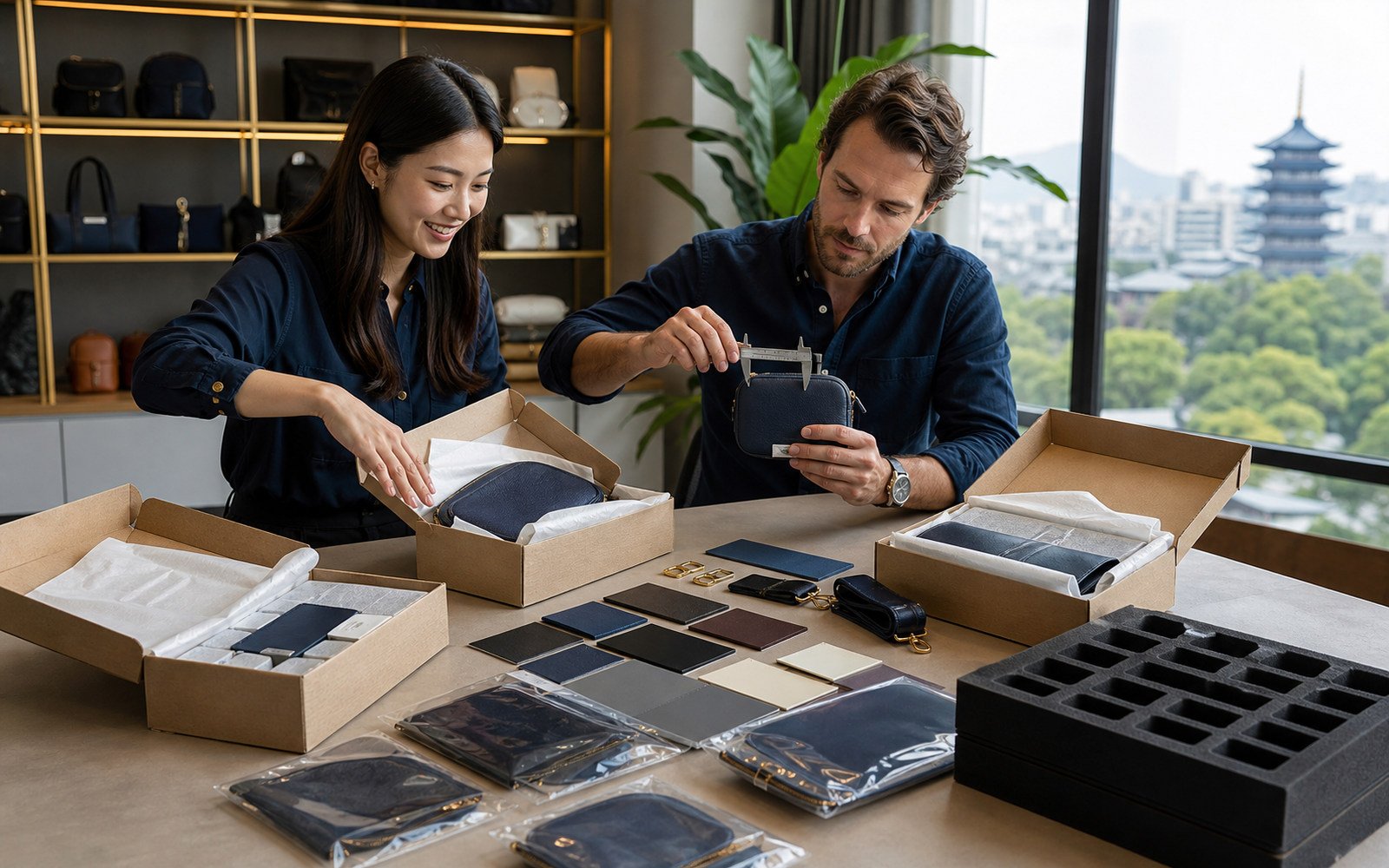 Buyer and sourcing coordinator measuring product samples and reviewing packaging