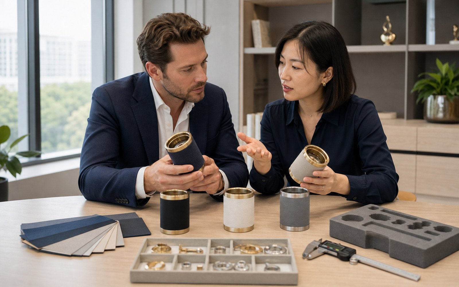 Buyer and China sourcing coordinator reviewing product finishes, packaging, and measurement tools