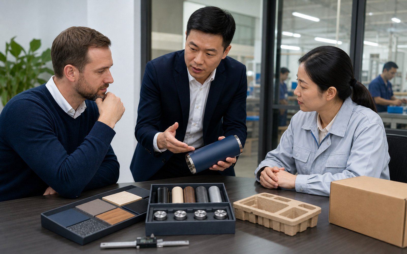 International buyer and China sourcing agent reviewing supplier, sample, and shipping records