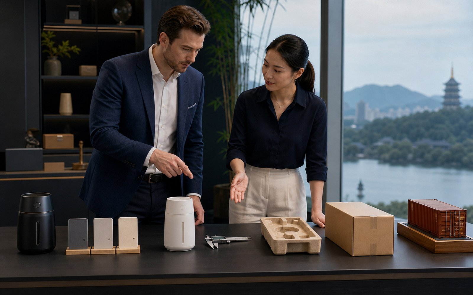 Buyer reviewing a China sourcing checklist beside samples, supplier records, and shipping notes