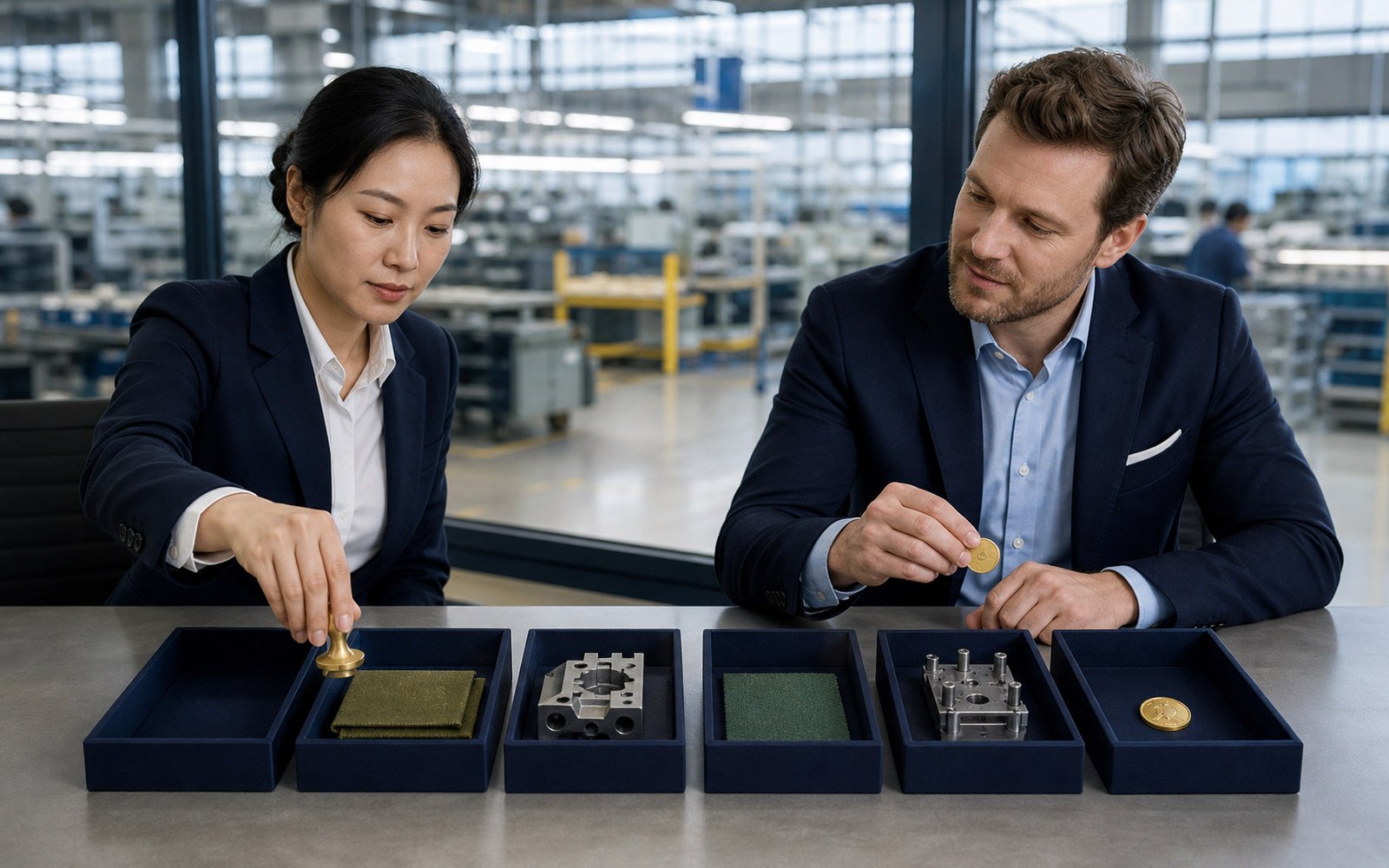 Buyer and sourcing coordinator comparing factory samples against a supplier verification checklist