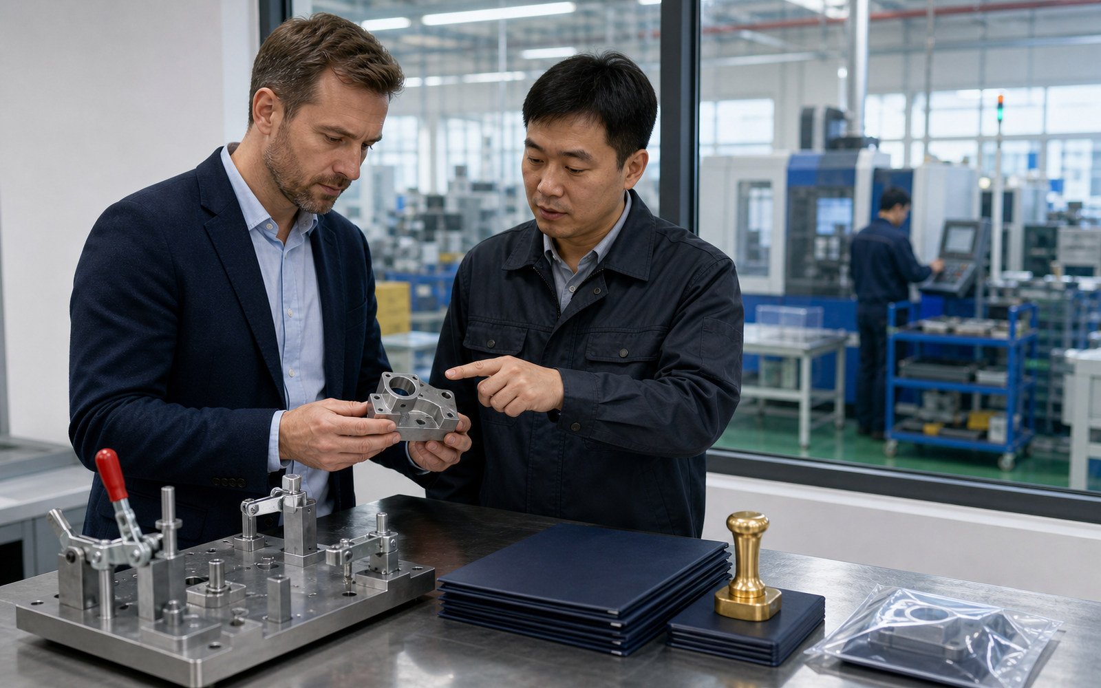 Buyer and factory representative inspecting a machined component beside production equipment