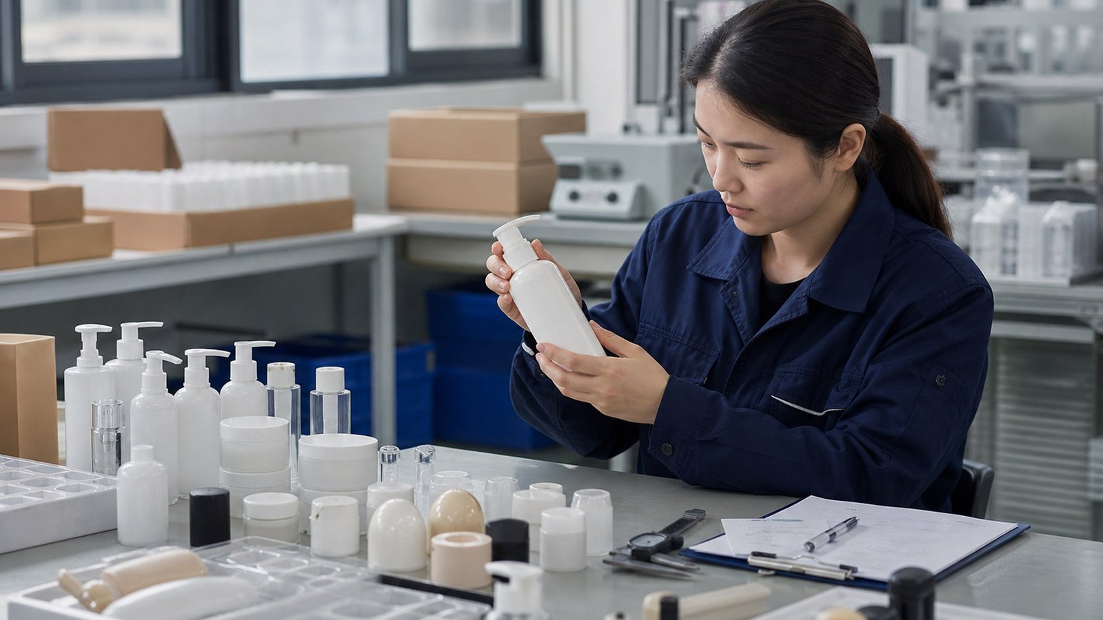Cosmetic packaging components checked for finish, fit, and production quality