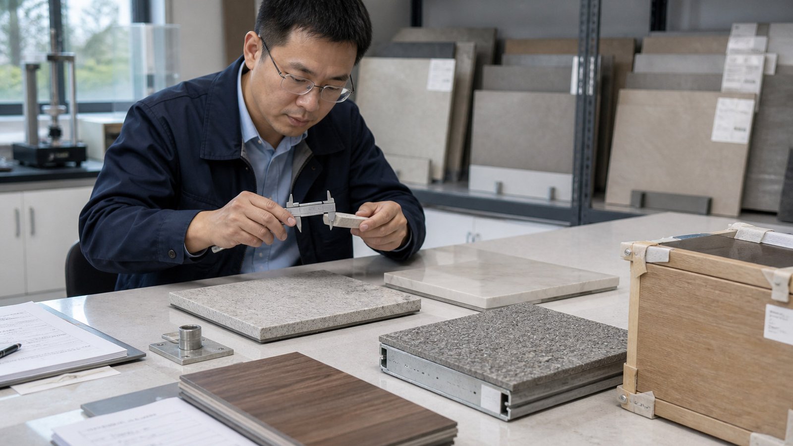 Building material samples checked for dimensions, finish, and project use