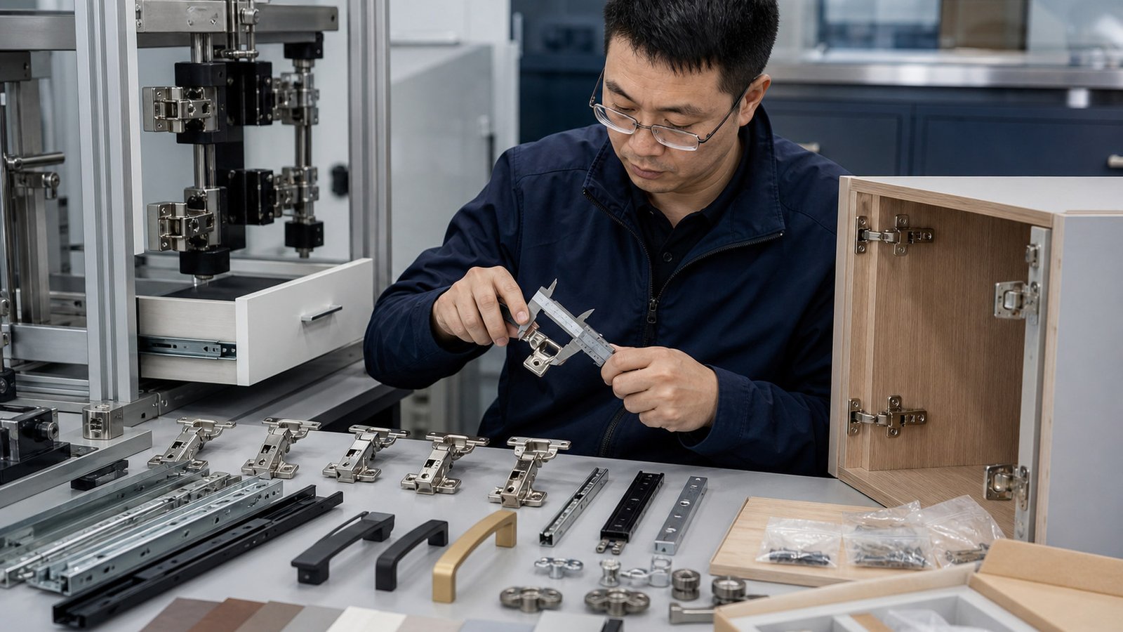 Furniture hardware and fittings checked for dimensions, finish, and compatibility