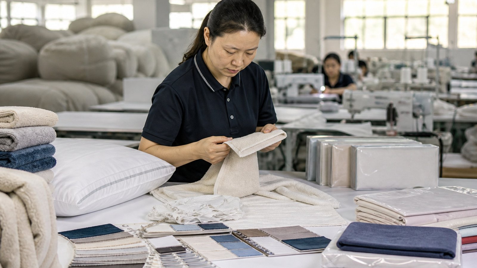 Home textile samples checked for fabric, color, stitching, and labels
