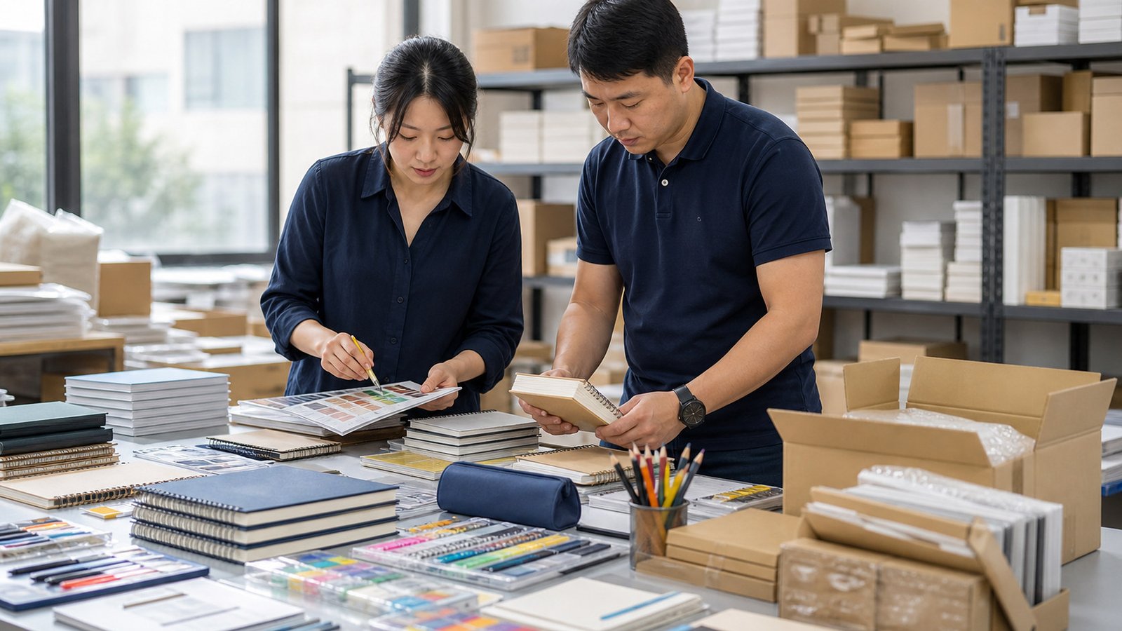 Stationery and school supplies arranged for print, material, and packaging review