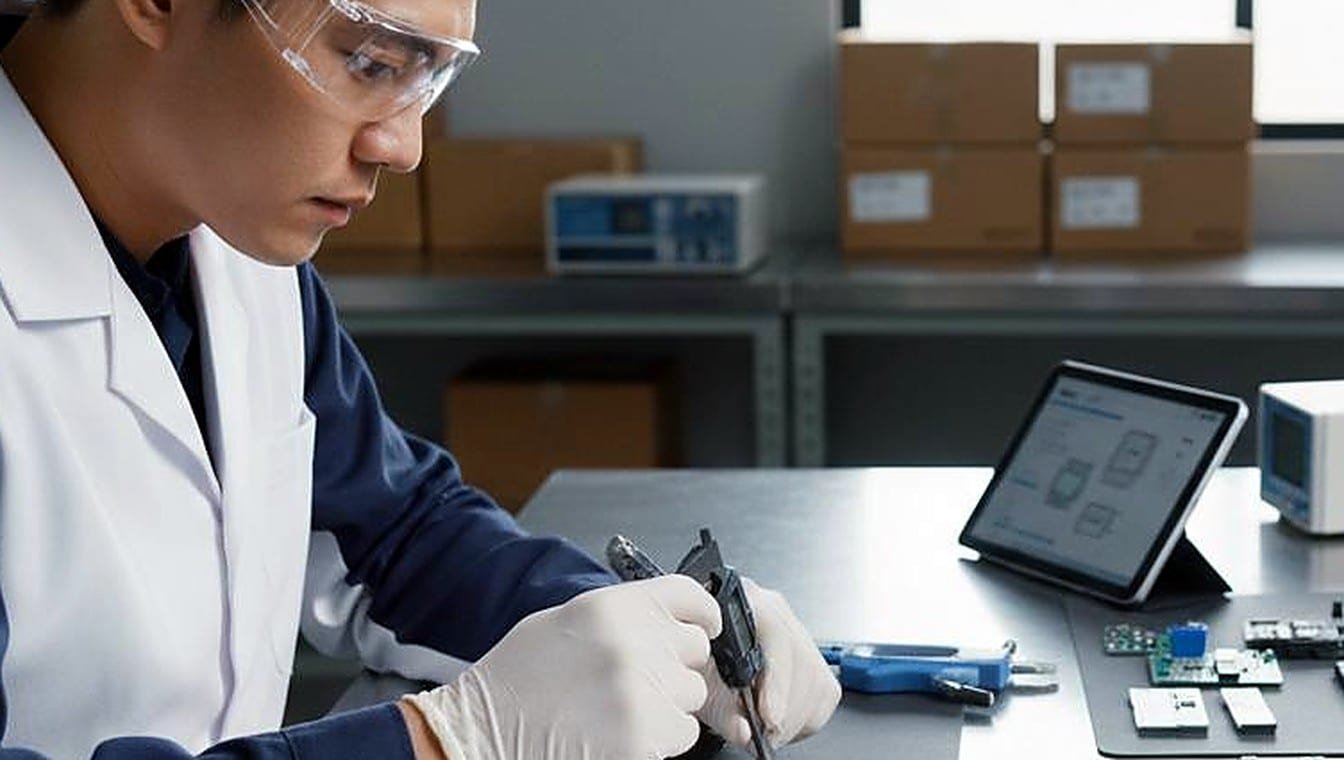 Inspector checking a production sample at a China factory