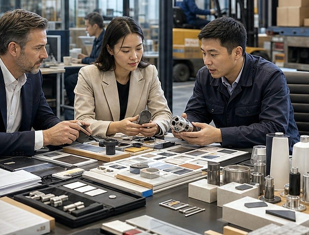 Importer and sourcing coordinator reviewing customs documents and a product sample