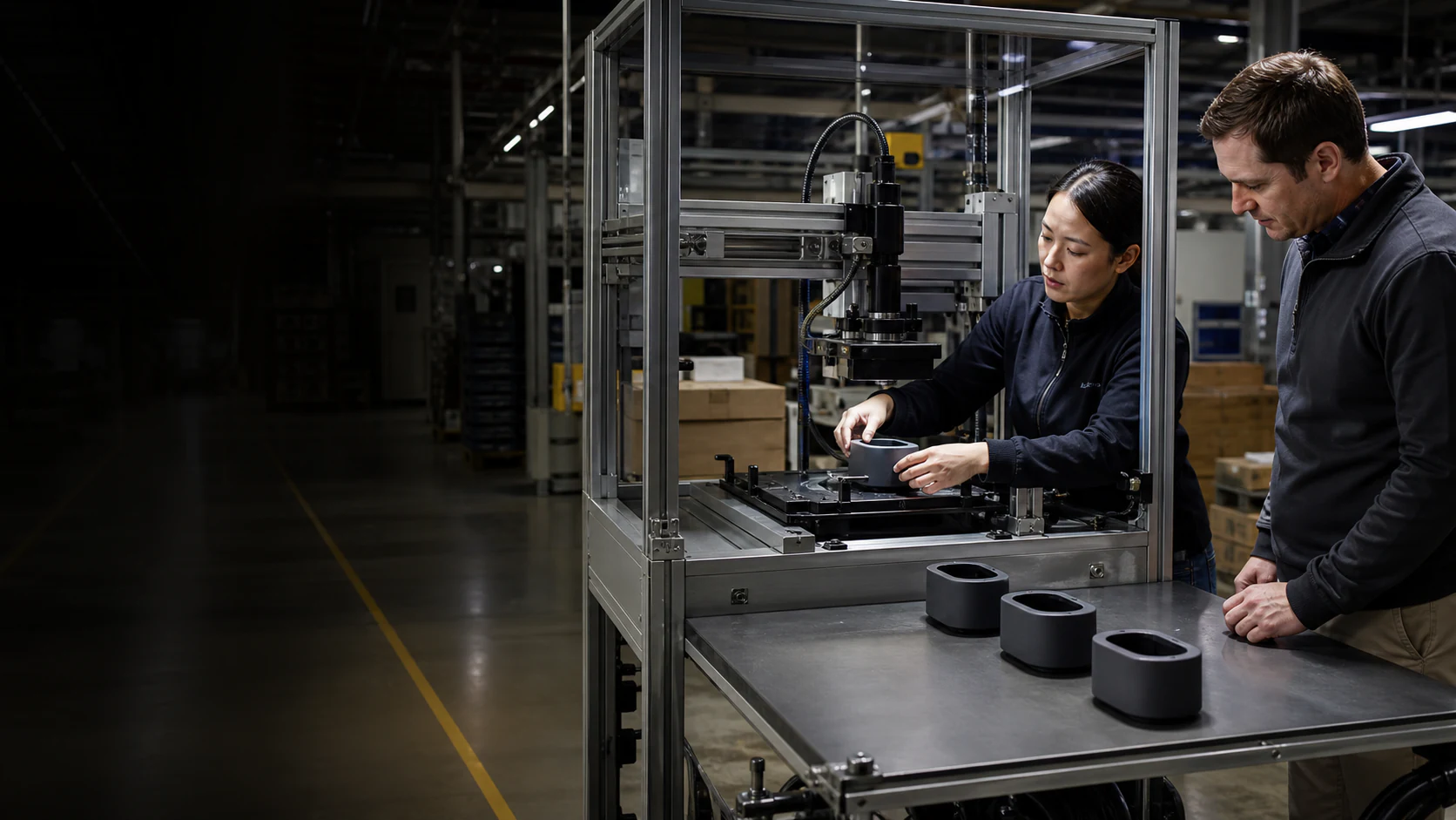 Buyer and electronics specialists comparing adapters and test results before selecting a Shenzhen market supplier