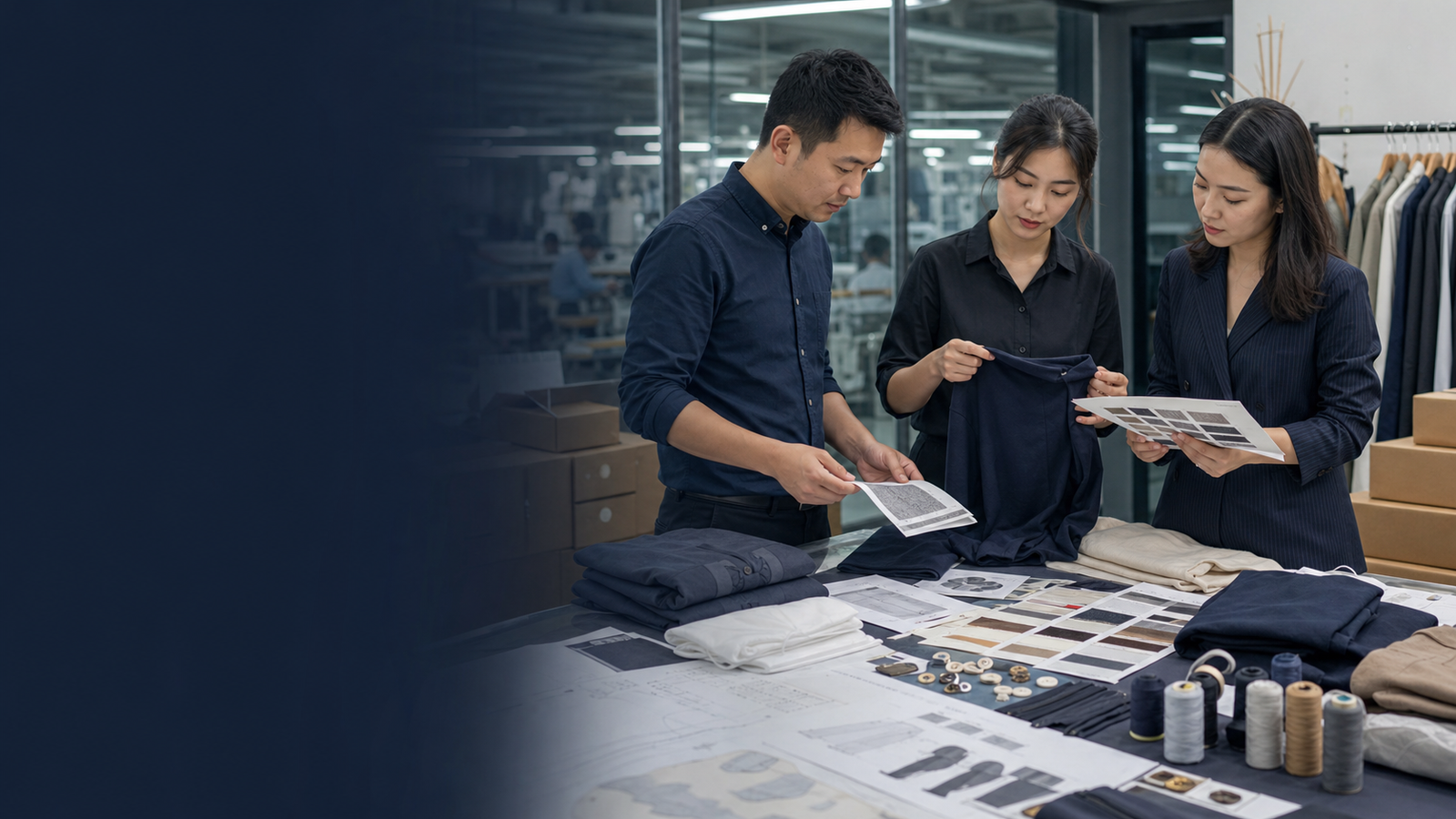 Apparel and textile sourcing review with garment samples, fabric swatches, trims, tech pack notes, labels, and factory inspection context