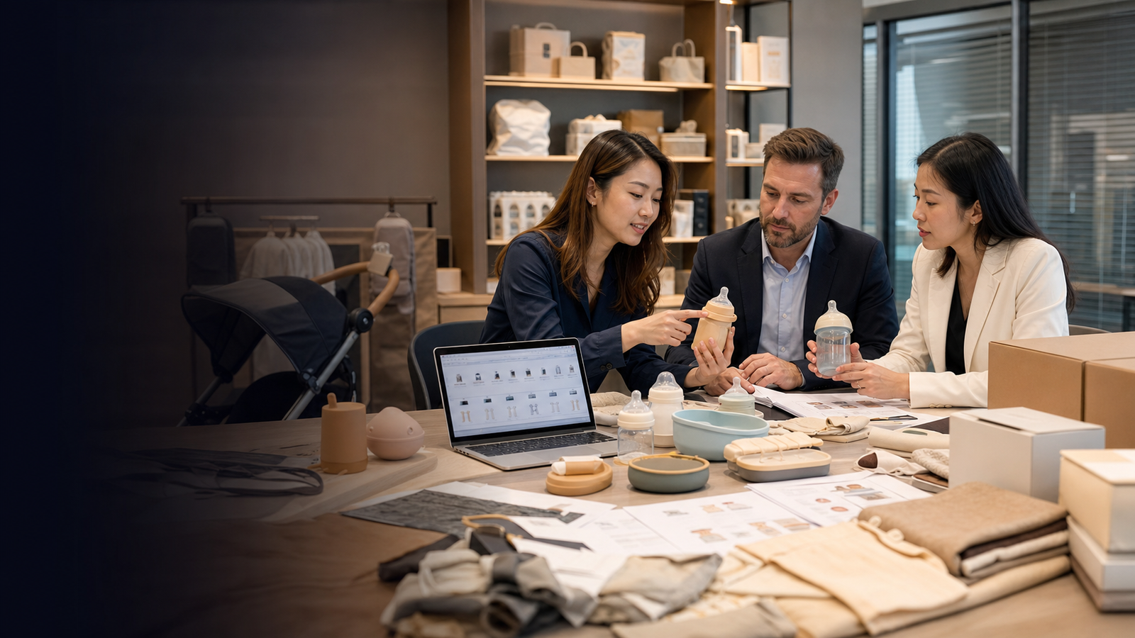 Baby and maternity product sourcing review with feeding samples, stroller fabric, packaging cartons, specification sheets, and supplier communication in China