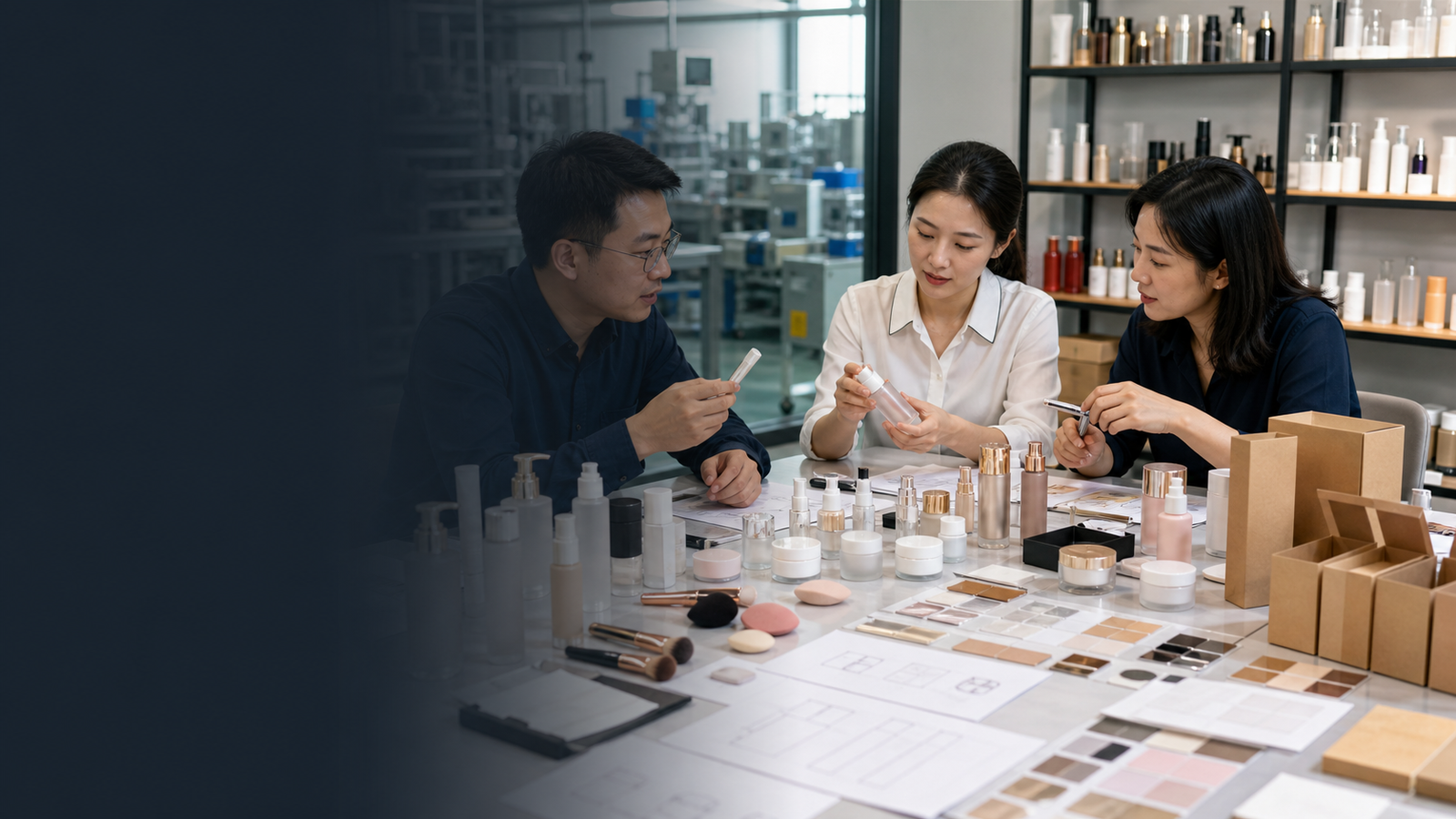 Beauty tools and cosmetic packaging sourcing review with bottles, jars, pumps, tubes, makeup brushes, sponges, cartons, samples, and inspection notes