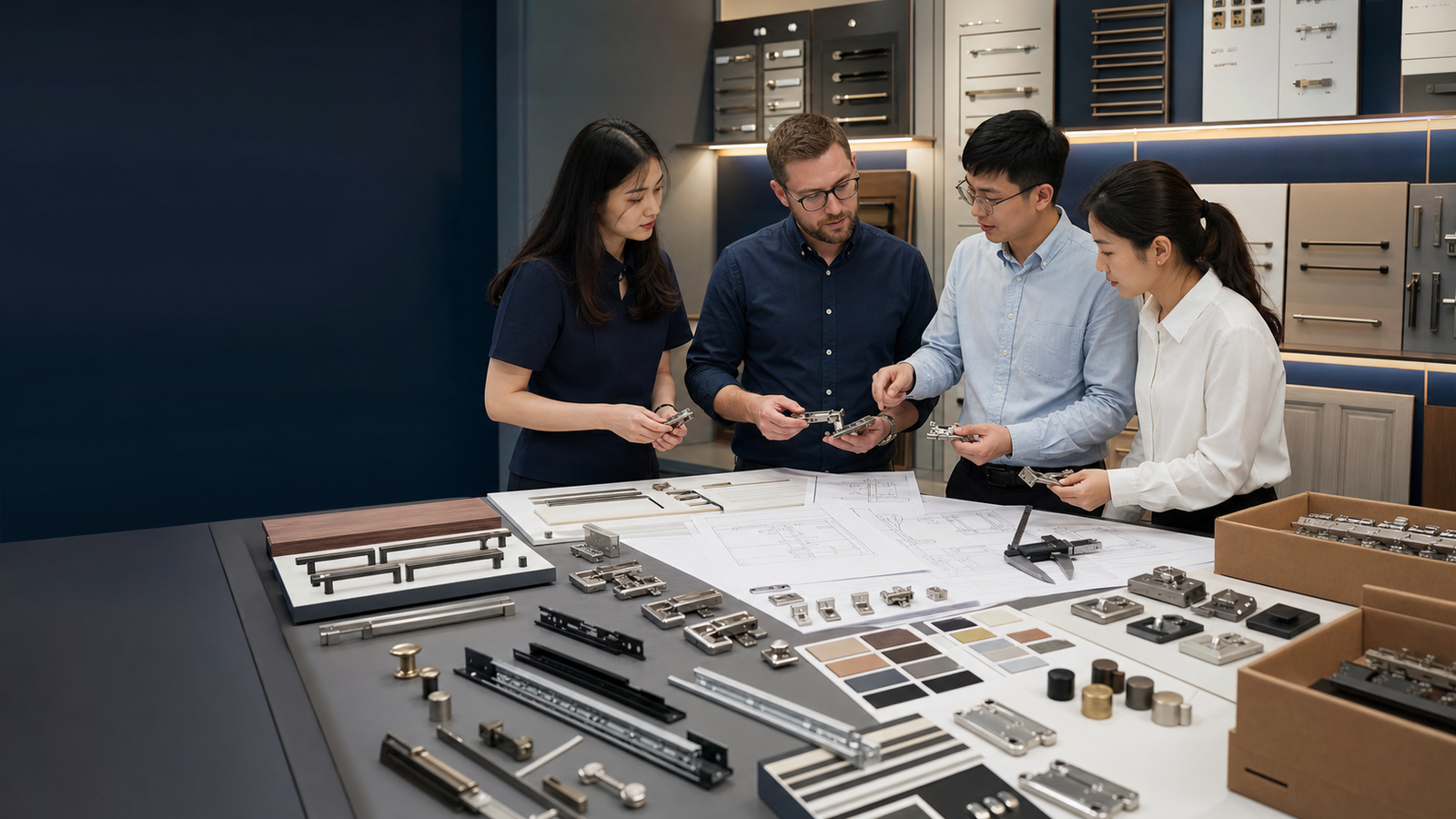 Furniture hardware and fittings sourcing review with cabinet hinges, drawer slides, handles, knobs, connectors, drawings, finish swatches, packaging cartons, and supplier communication in China