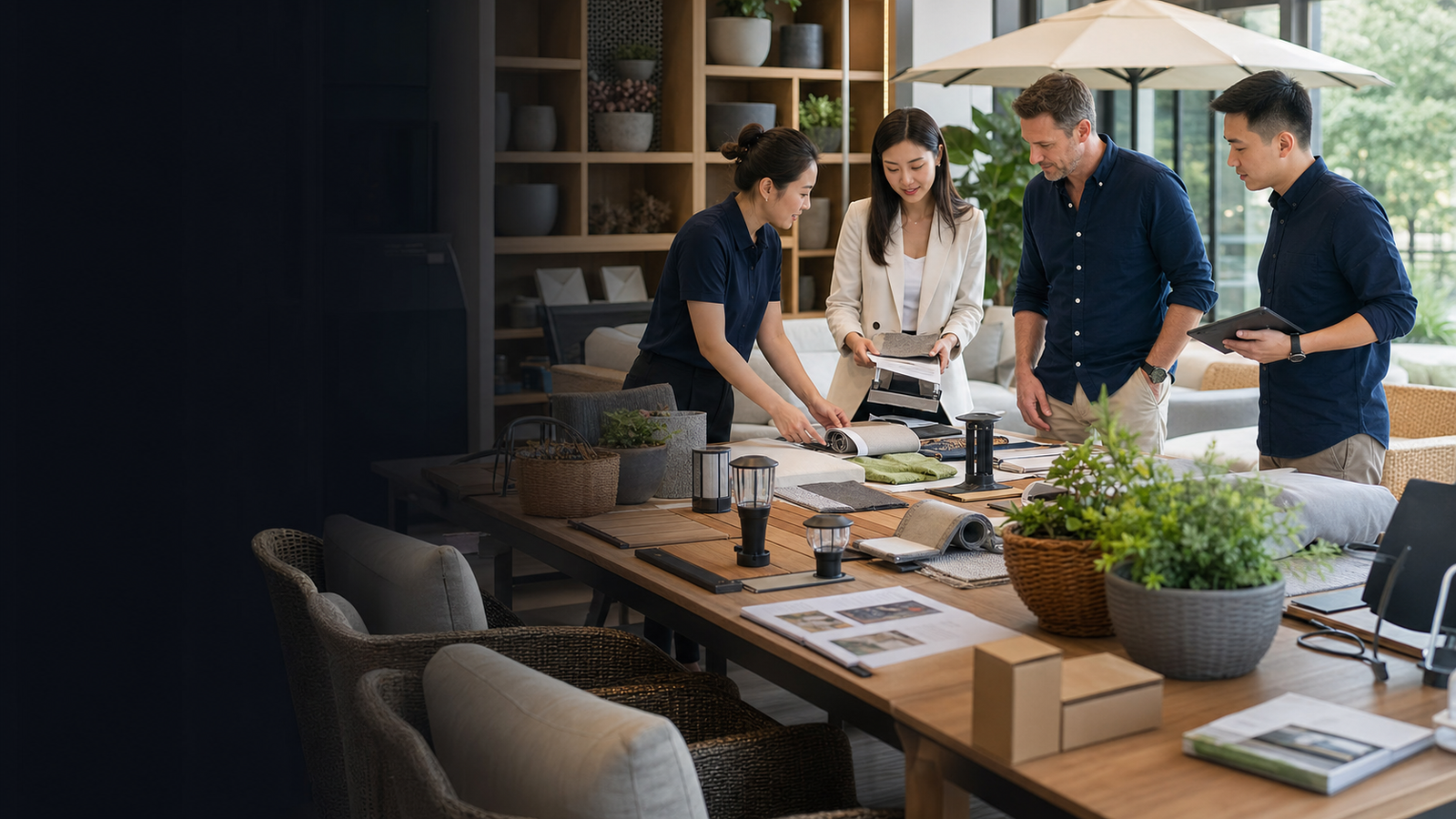 Garden and outdoor living product sourcing review with patio furniture samples, planters, outdoor fabrics, solar garden lights, packaging cartons, and supplier communication in China