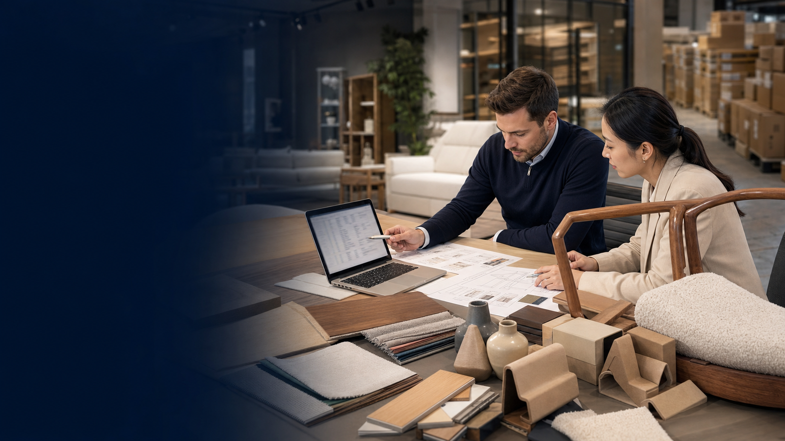 Home furniture and decor sourcing review with wood samples, fabric swatches, furniture drawings, packaging protection, and export cartons