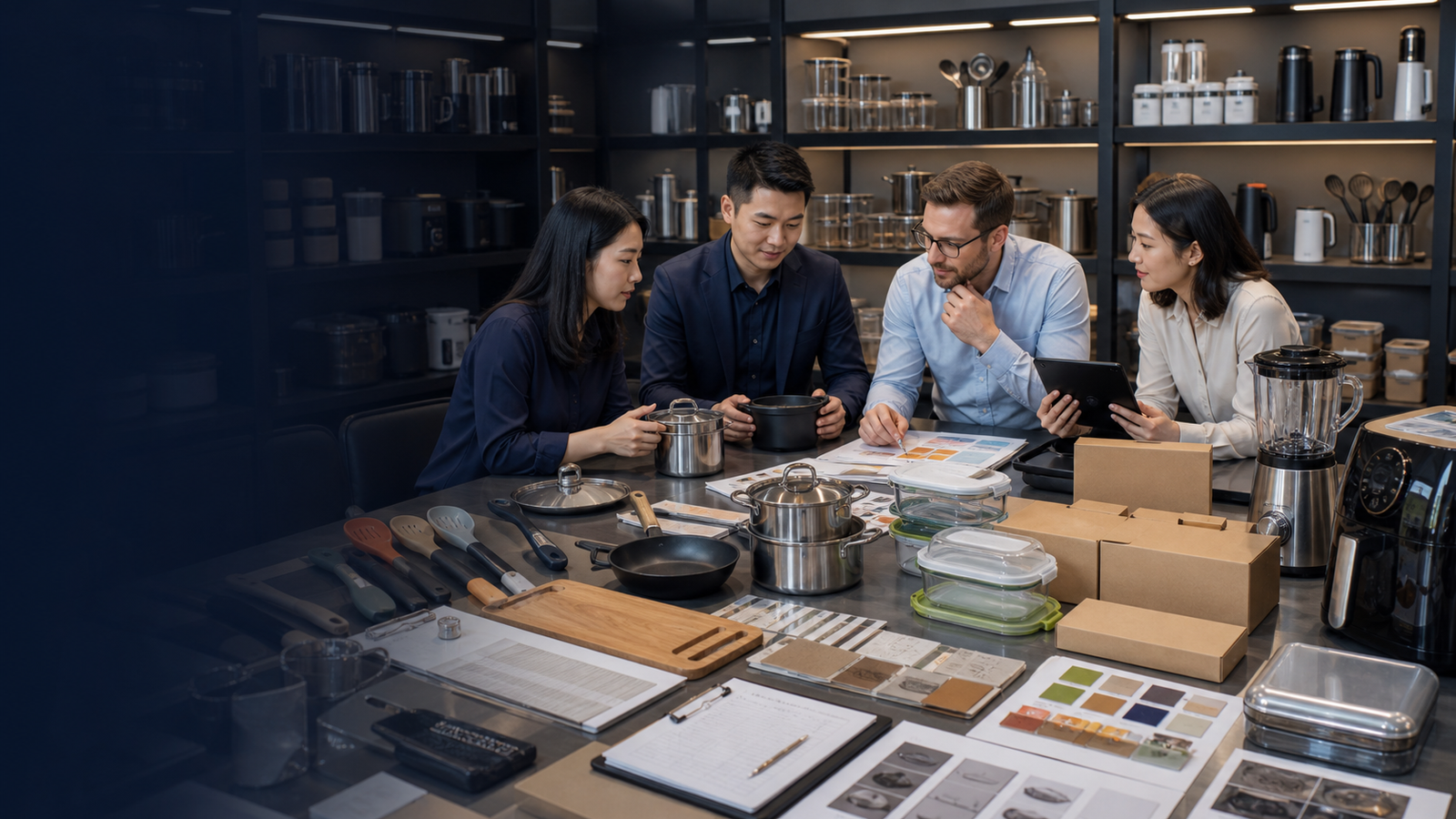 Kitchenware and small appliance sourcing review with cookware, utensils, storage containers, blender, air fryer, packaging cartons, food-contact notes, and inspection planning in China