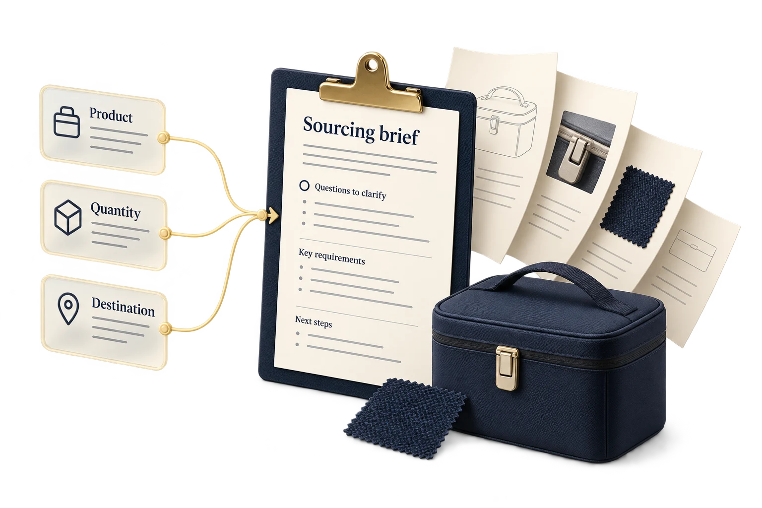 Product, quantity and destination information organized into one sourcing brief.
