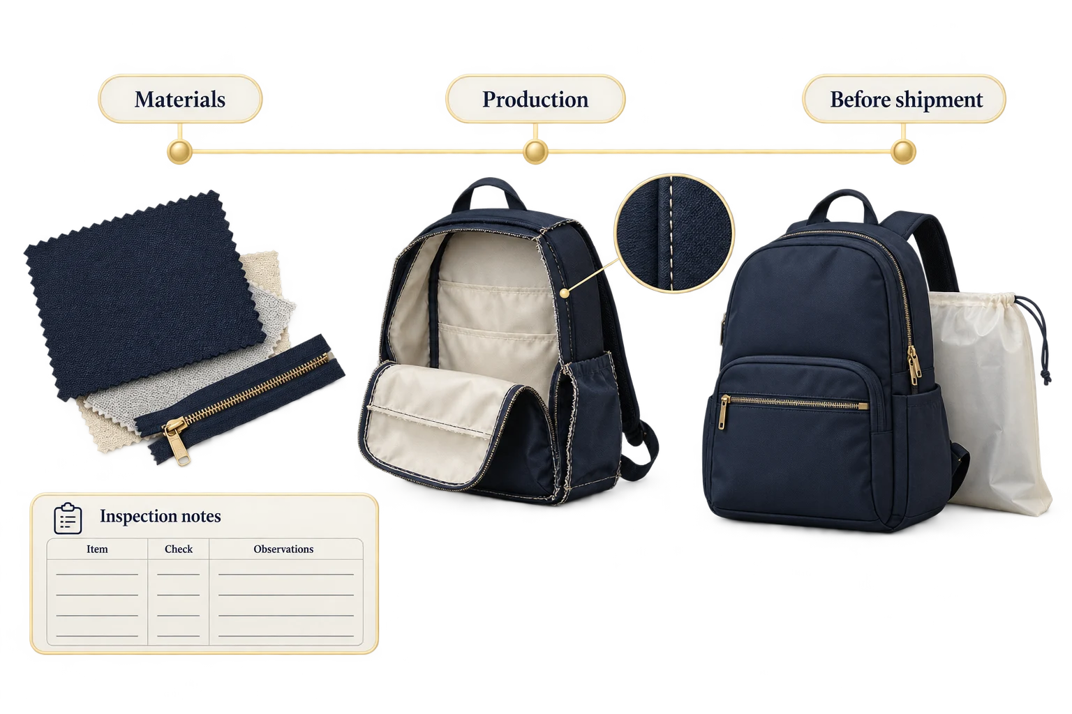 Backpack materials, an assembly stage and a finished product connected to quality checkpoints.