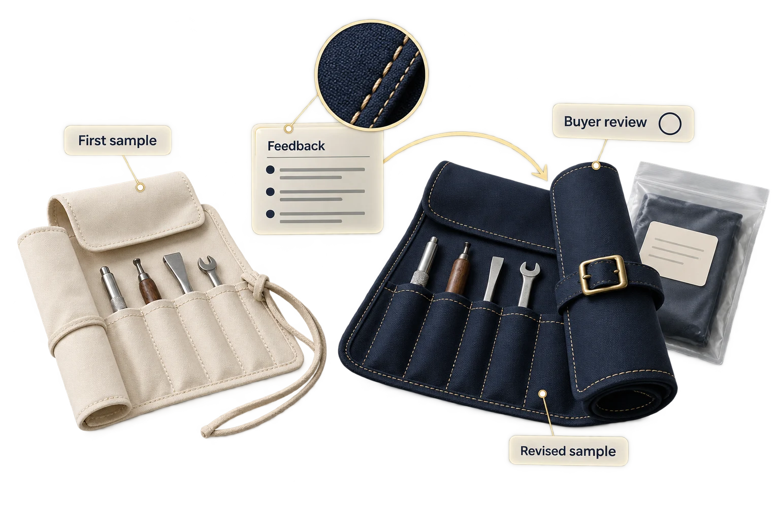 Two tool-roll samples connected by stitching feedback, a revision loop and buyer review.