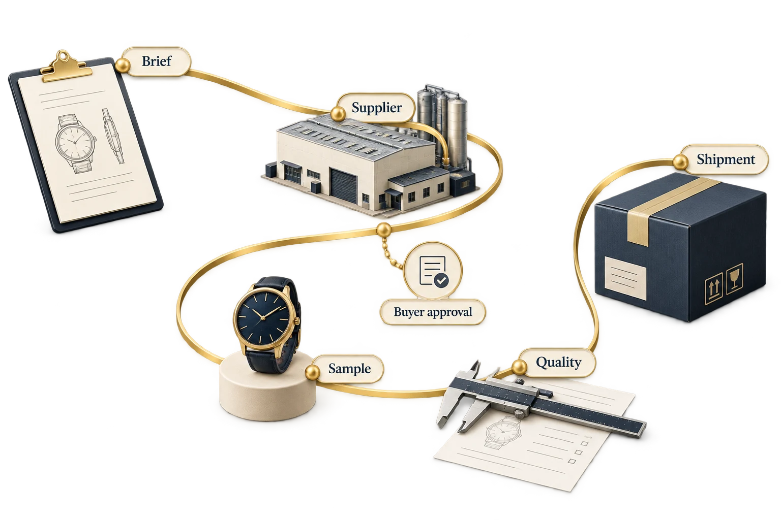 An open path connecting a brief, supplier, sample, quality check and shipment, with a buyer-approval point.