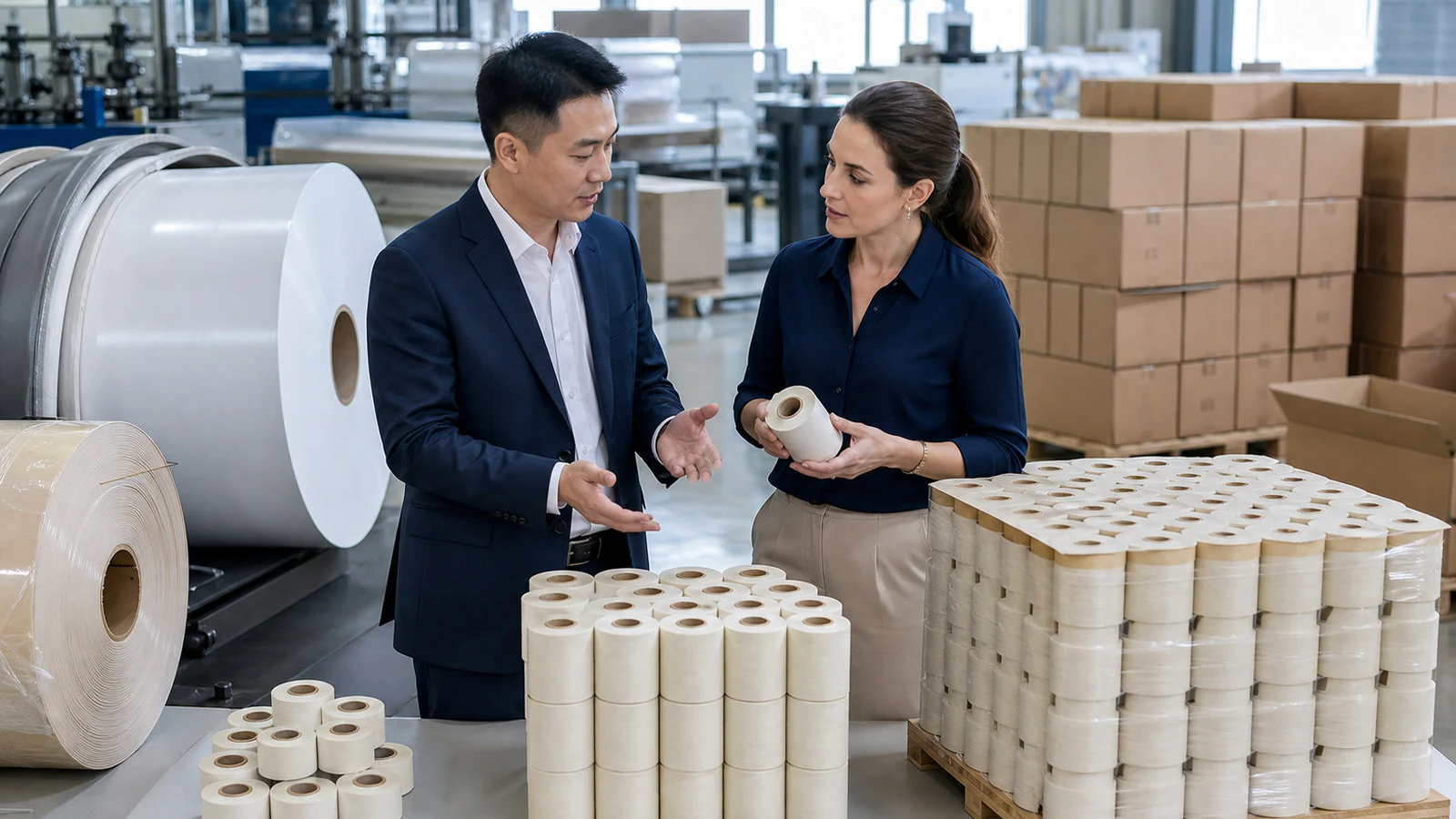 Buyer and factory manager comparing material rolls, production quantities, and packed units during an MOQ discussion