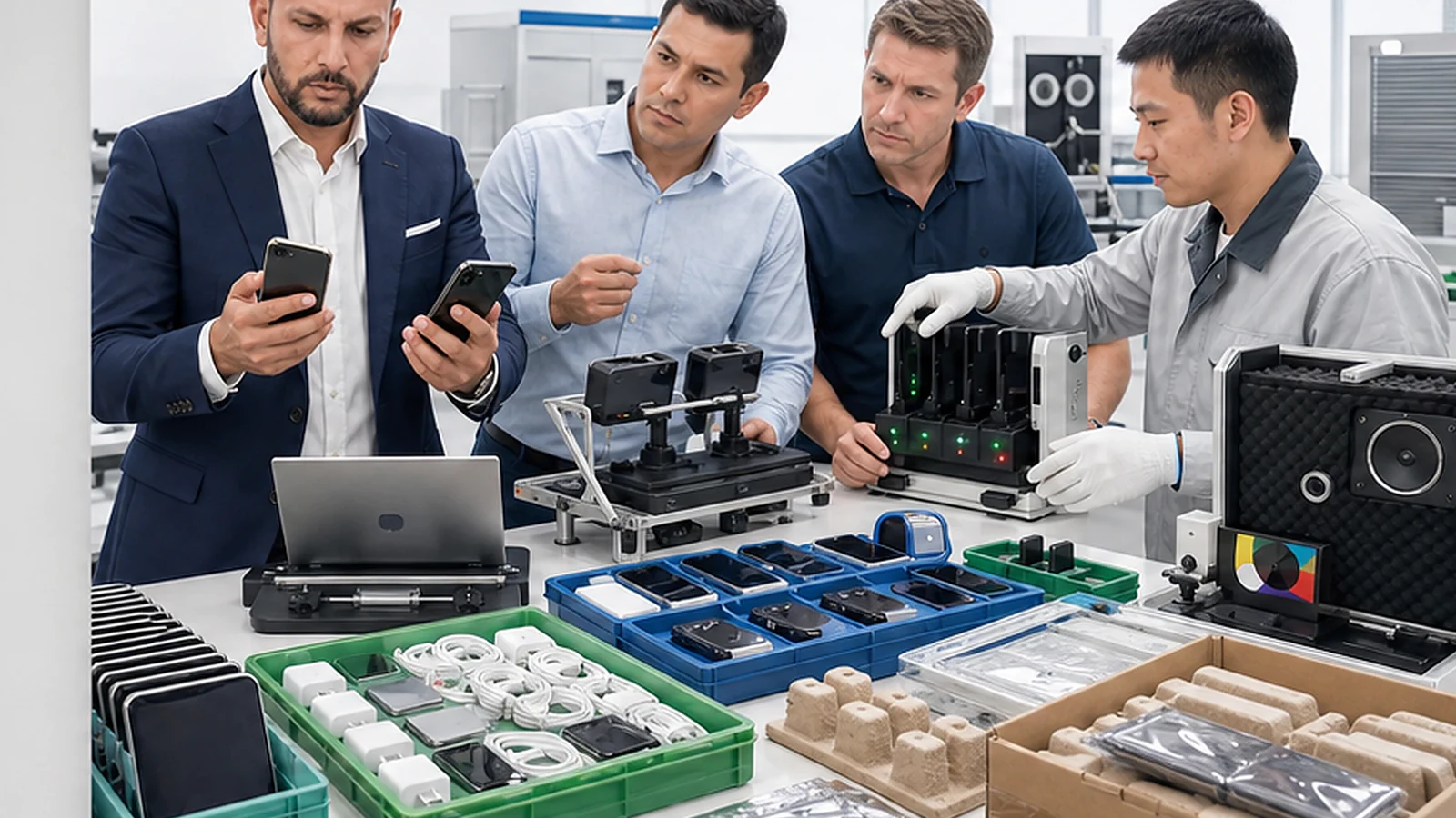 Buyer and technicians grading refurbished phones by model, condition, function, accessories, and packing evidence