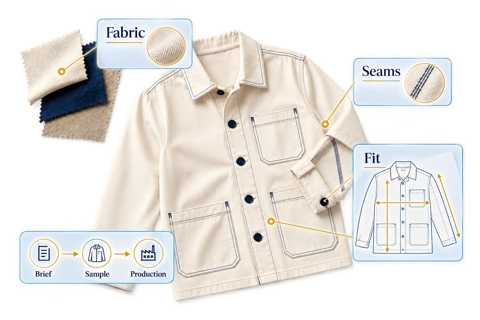 Garment specification illustration with an overshirt, fabric swatches, pattern, measurements and seam details.