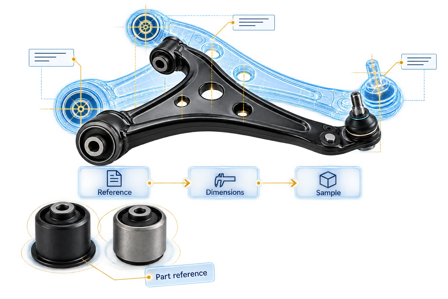 Auto part illustration comparing a control arm with its outline drawing, bushings and measurements.