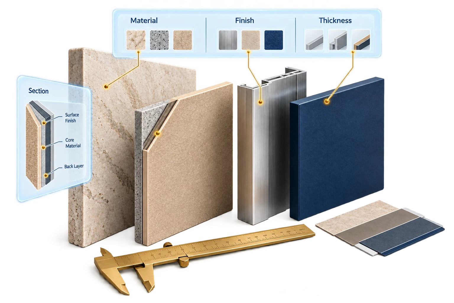 Architectural material illustration with stone, tile, metal and panel samples beside a plan and caliper.