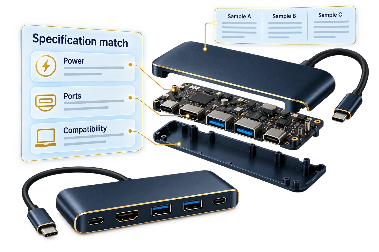 Exploded illustration of a USB hub connecting component choices to power, ports and compatibility.
