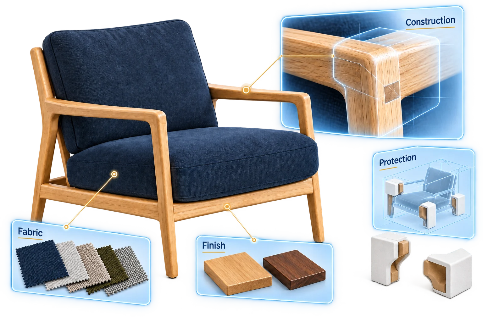 Furniture illustration with an oak armchair, joint detail, upholstery swatches, wood finishes and packing corners.