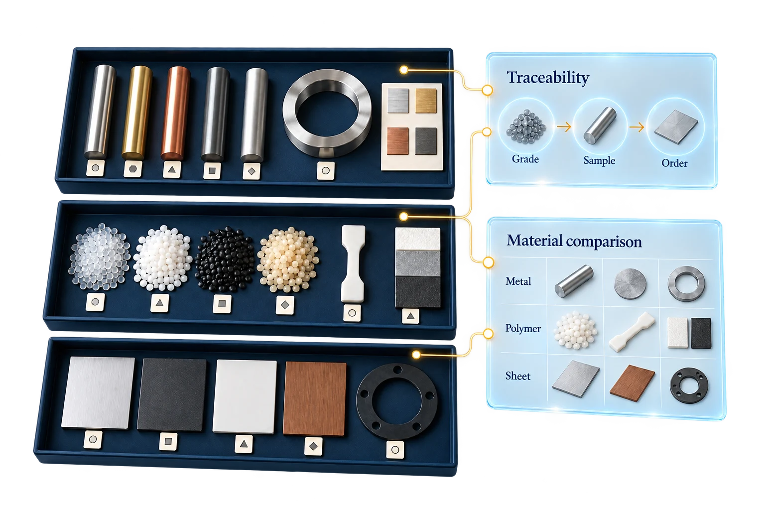 Material sample illustration with metal rods, polymers, sheet materials and a specification record.
