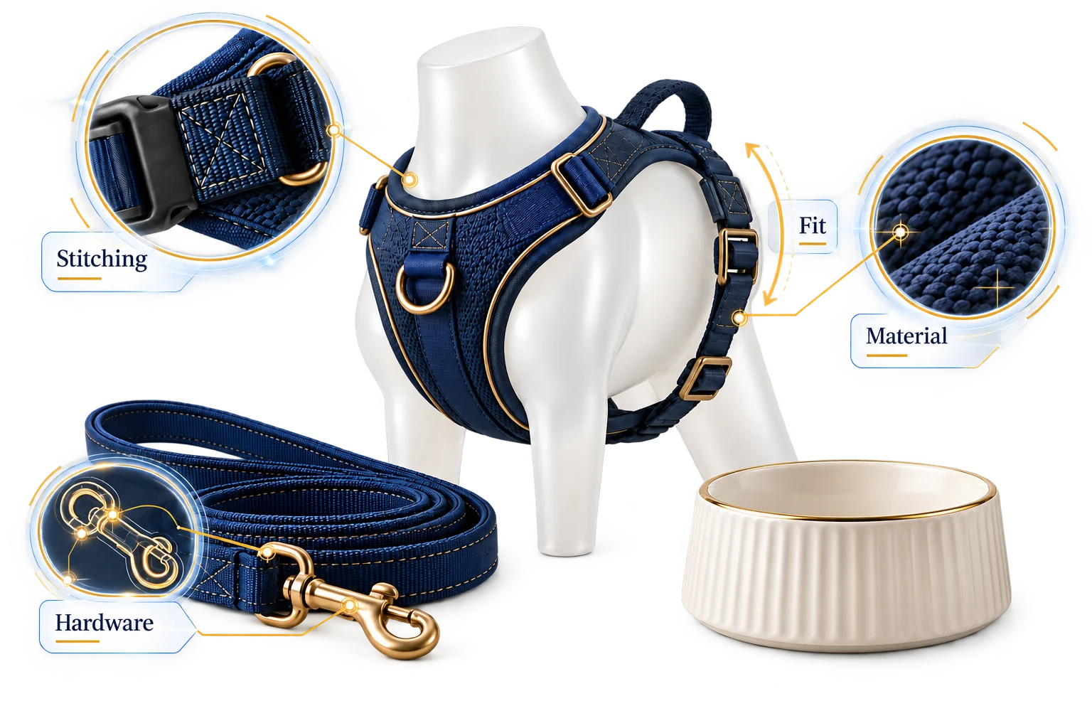 Pet product illustration highlighting harness fit, stitching, hardware and material choices.