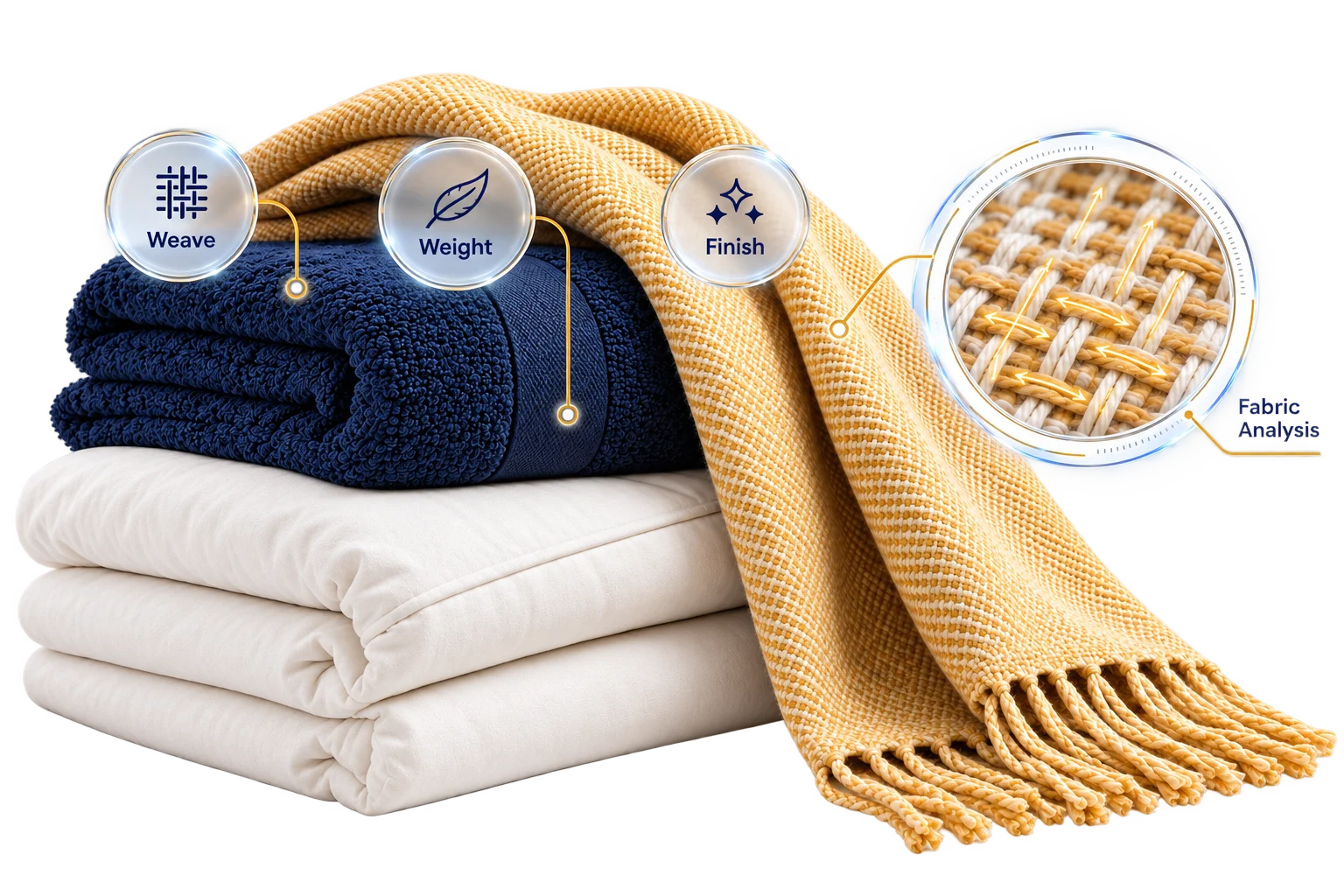 Textile illustration with bedding, towels, a woven throw and a close-up of its construction.