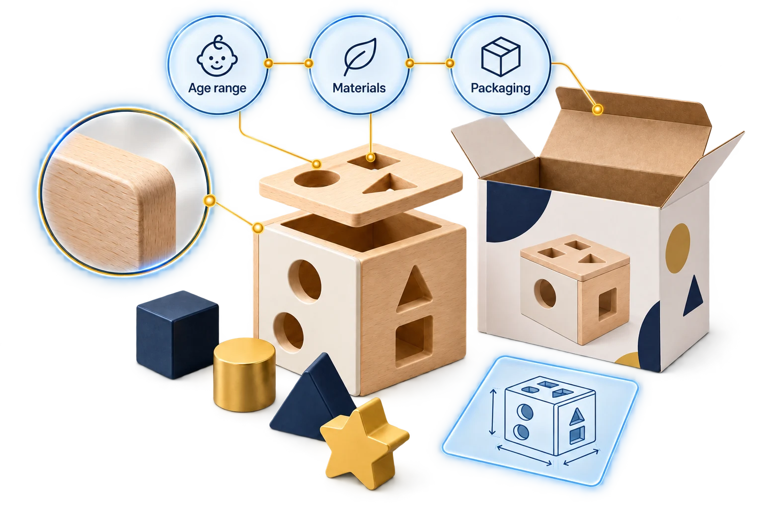 Wooden toy and packaging illustration highlighting age range, materials and product details.