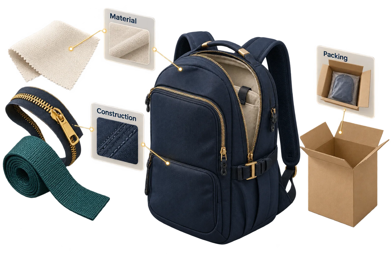 A backpack connects material, construction and packing requirements in one quality plan.