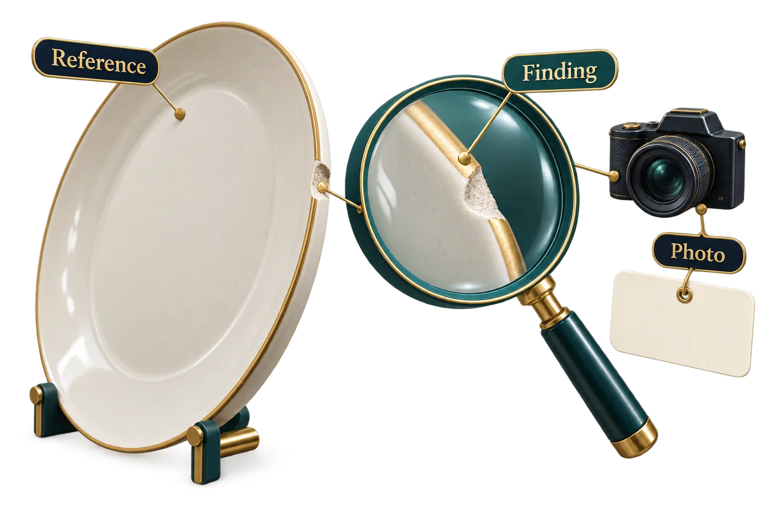 A chipped plate rim connects a specific finding to its photograph and product reference.