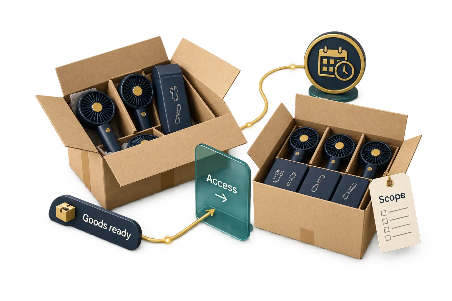 Available goods, packing status and access are checked before an inspection date is confirmed.